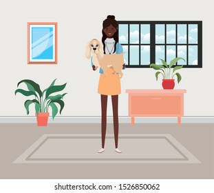 young afro woman lifting cute dog indoor the house vector illustration design