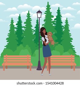 young afro woman lifting cute dog in the field characters vector illustration design