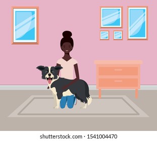 young afro woman lifting cute dog indoor the house vector illustration design