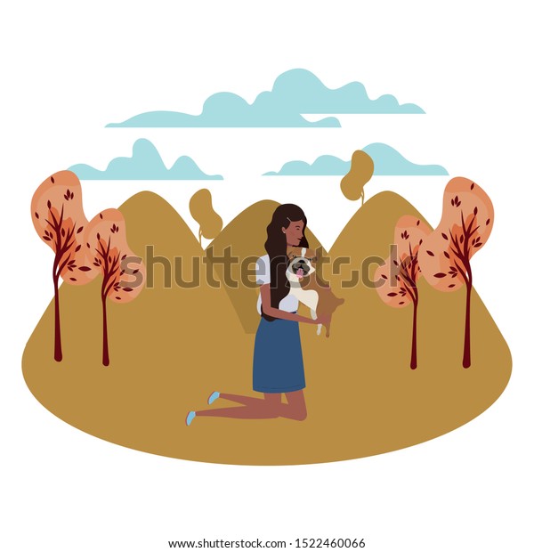 young afro woman lifting cute dog in\
the field characters vector illustration\
design