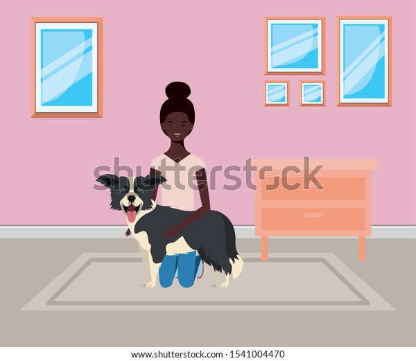 young afro woman lifting cute dog indoor the house\
vector illustration\
design