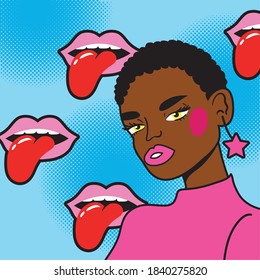 young afro woman with mouth pop art style vector illustration design