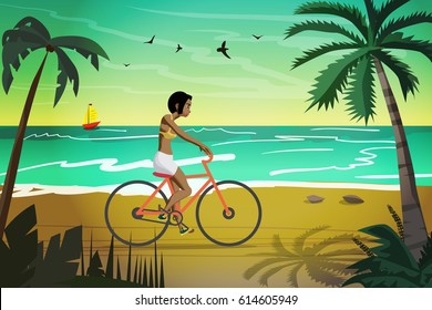 Young afro woman rides red bike on summer beach at sunset. Vector flat illustration