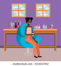 young afro woman seated in salon chair drinking beverage
