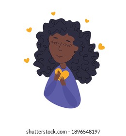 Young afro woman thinks about her lover. A young girl is experiencing love. Avatar. Illustration.
