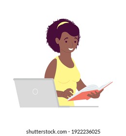 young afro woman using laptop and reading book online learning vector illustration design
