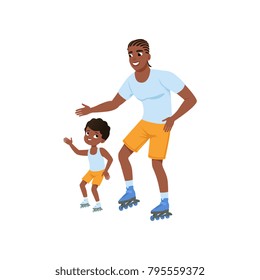 Young afro-american father with son rollerskating. Happy sporty family. Dad and his child having fun together. Outdoor activity. Fatherhood. Flat vector design