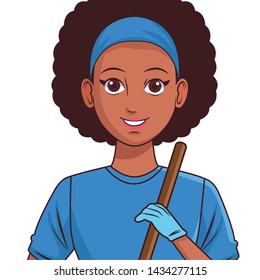 young afroamerican woman and bandana holding a stick avatar cartoon character vector illustration graphic design