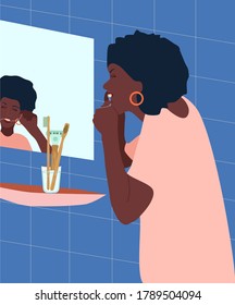Young afroamerican woman brushes her teeth with dental floss in the bathroom.Orthodontic daily life concept.Oral care.Healthy smile.Black girl getting ready for the bed.Vector for clinic