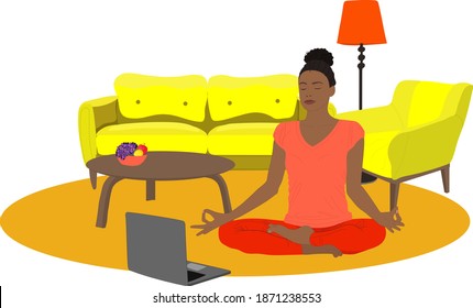 Young afroamerican woman meditating and sitting in lotus at home on the background with couch and armchair. Home activity. Quarantine isolation. Concept illustration for yoga, meditation. 