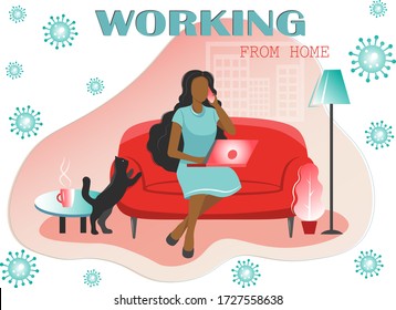 young Afro-American woman works from home on a laptop with a phone in her hands