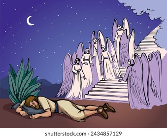 Joven calmado pobre chico judío cara creer camino de luz planta de arbusto de piedra alta. Antiguo retro Este dibujado a mano enfermo cansado dormido judío Jesucristo relajar siesta rezar estrés oración concepto de arte bosquejo signo