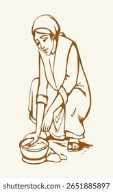 Young age poor rural Jew man cook bean lady sit squat home floor rye grind corn make gold bread tool. Hand drawn retro Jewish biblic east Israel arab male hold sow village field seed bible art sketch