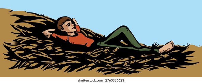 Young age sad guy smile poor teen cowboy orphan son guy face nap asleep barn ground floor peace night sky text space Hand drawn line art tired lazy femal body think enjoy outside joy dirty dry rye bread plant meadow bale heap harvest crop hayrick bed