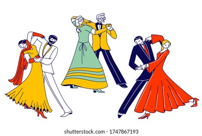 Young and Aged Couples Sparetime with Waltz Dancing, Elegant Characters Active Lifestyle, Men and Women Spend Time Together, Dance Lessons, Leisure or Weekend Hobby. Linear Vector People Illustration
