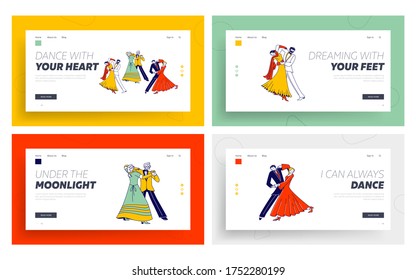 Young and Aged Couples Waltz Dancing Landing Page Template Set. Characters Active Lifestyle, Men Women Spend Time Together, Dance Lessons, Leisure or Weekend Hobby. Linear People Vector Illustration
