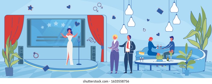 Young and Aged Romantic Couples Celebrating St. Valentines Day or Wedding Anniversary in Club or Restaurant. Men and Women Cartoon Characters Enjoying Time Together. Flat Vector Illustration.