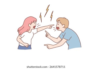 Young aggressive man boyfriend and woman girlfriend parents yelling and quarrelling. Family, couple, quarrel, divorce, aggression, conflict concept. Hand drawn style vector design illustrations.