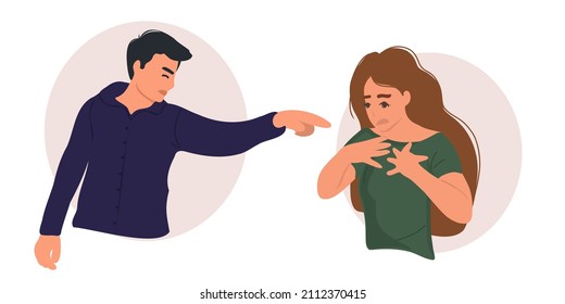 Young aggressive man screaming at frightened woman, family conflict or disagreement.
Bad relationship concept. Flat vector illustration