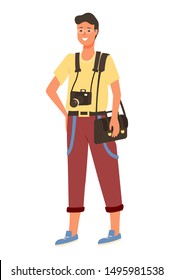Young amator photographer in glasses, photo camera on neck and sack on shoulders. Smiling correspondent, paparazzi with professional equipment isolated. Vector illustration in flat cartoon style
