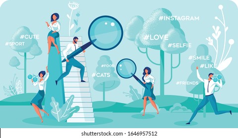 Young Ambitious Men and Women with Magnifying Glasses and Binoculars, Looking Through Social Networking Websites in Search Most Popular Hashtags to Analyse Them and Maximize Marketing Strategy.