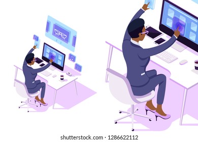 Young american businesswoman with glasses at the computer at work. Concept girl, woman with cellphone, device, graphic designer, new app. Vector illustration.