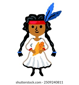 Young American Indian girl with corn isolated on a white background. Native Americans
