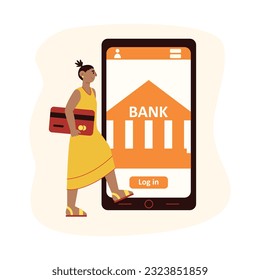 Young American lady holding big credit card, standing near screen with bank account. Mobile banking, wireless transactions. Bank account protection, e-wallet on smartphone. Vector flat illustration
