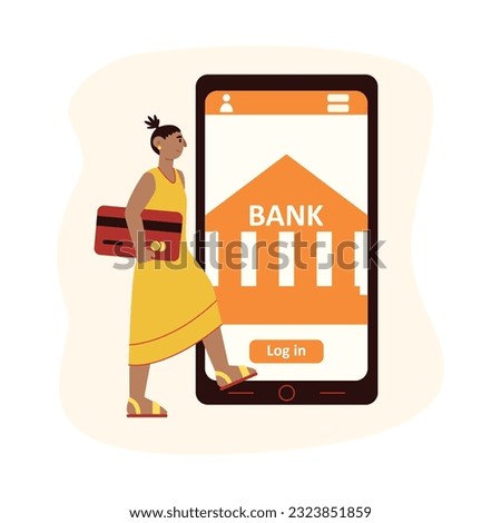 Young American lady holding big credit card, standing near screen with bank account. Mobile banking, wireless transactions. Bank account protection, e-wallet on smartphone. Vector flat illustration