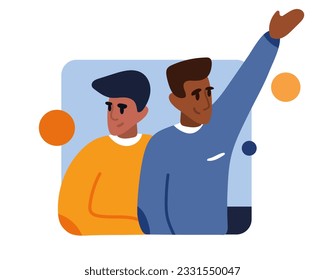 Young American male friends spending time together. Nice weekend walk. Leisure time on vacation. Sympathy, mutual understanding, companionship. Flat vector illustration in cartoon style