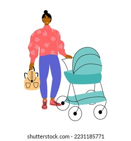 Young   american mother walking with her baby stroller.  Happy motherhood and maternity. Vector flat illustration