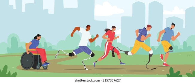 Young Amputee Men or Women Outdoors Running. Disabled Athlete Characters Run City Marathon, Sportsmen and Sportswomen on Wheelchair or Bionic Leg Prosthesis Jogging. Cartoon People Vector Illustration svg