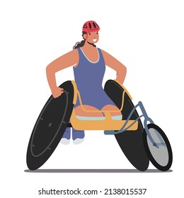 Joven amputada con lesiones corporales participa en la competencia deportiva. Atleta paralímpico sentado en silla de ruedas de carreras, personaje deportista discapacitado con uniforme. Ilustración de vectores de personas de caricatura