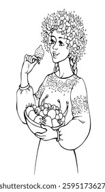 Young ancient cheer teen worker human lady face arm enjoy buy old white rustic grow plant job. Hand drawn retro art sketch carry ripe spring season tasty fresh juicy bio grow diet snack symbol culture