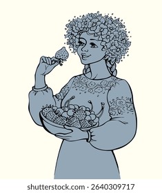 Young ancient cheer teen worker human lady face arm enjoy buy old white rustic grow plant job. Hand drawn retro art sketch carry ripe spring season tasty fresh juicy bio grow diet snack symbol culture
