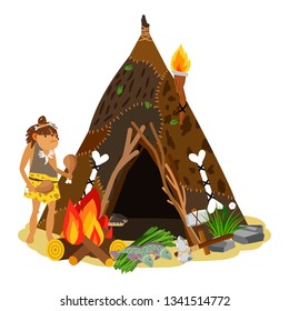 Young ancient girl cooking at open fire. Cave, stone age house, primitive girl and tools. Ancient prehistoric caveman, cave girl primitive. Vector illustration