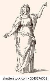 A young ancient Greek beautiful slender woman in a tunic stands and gestures. The figure is isolated on a beige background.