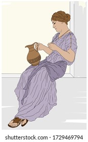 A Young Ancient Greek Woman Sits On A Stone Parapet And Holds A Jug Of Wine In Her Hand.