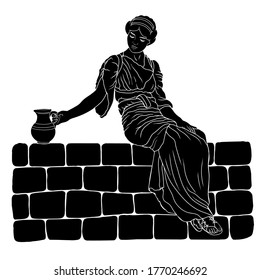 A young ancient Greek woman sits on a stone parapet and holds a jug of wine in her hand.