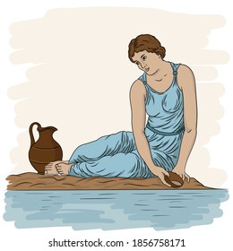 A young ancient Greek woman sits on the bank of the river with a bowl and collects water in a jug.