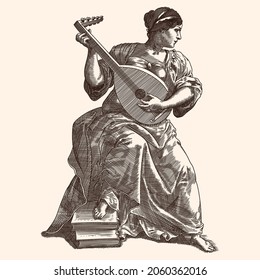 A young ancient Greek woman with a stringed musical instrument in her hands sits and plays. Medieval engraving.