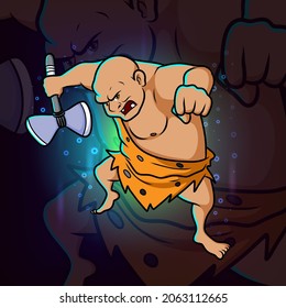 The young ancient man with the axe esport mascot design of illustration