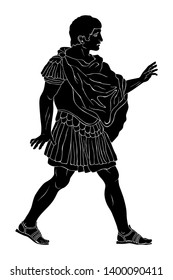 A young ancient Roman warrior in armor stands, speaks and gestures. Vector illustration isolated on white background.

