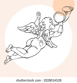 A young angel in the image of a messenger of a significant date, event or festive scene. Hand-drawn vector, design for a poster, banner, invitation, postcard, T-shirt printing, badge, stripe, tattoo.
