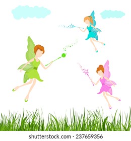 Young angels in colorful dresses with magic stick in their hand on nature view background.