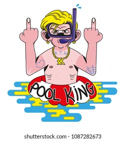 Young angry antisocial boy which swimming in pool and show fuck and go to the toilet in water. Modern vector illustration cartoon character for print on clothes sticker patch poster.