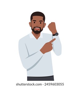 Young angry businessman office worker standing and pointing on watch on hand. Flat vector illustration isolated on white background