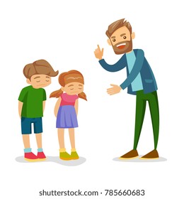 Young angry Caucasian white father shaking forefinger and scolding his unhappy son and daughter. Furious father punishing his sad children for unruly behavior. Vector isolated cartoon illustration.