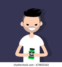 Young angry character holding a bottle with a poison sign / flat editable vector illustration, clip art