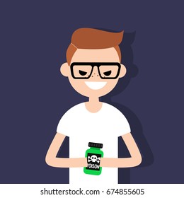 Young angry character holding a bottle with a poison sign / flat editable vector illustration, clip art